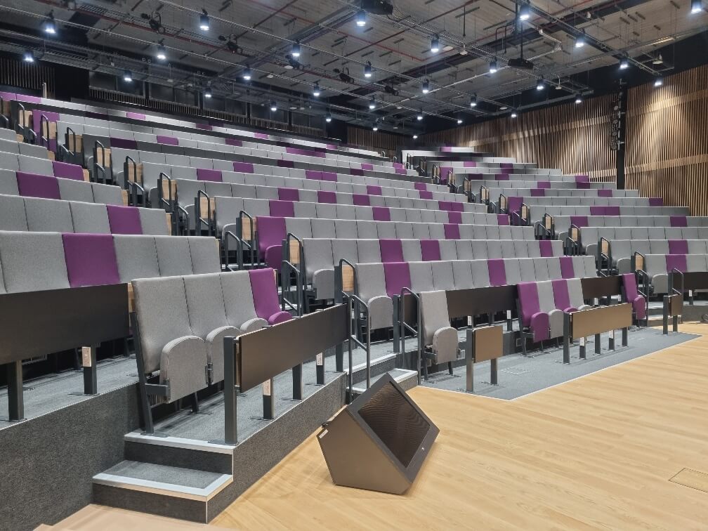 purple and grey large lecture theatre education seating